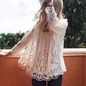 Harilyn White Cotton Eyelet Lace Boho Babydoll Blouse Small